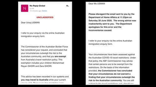 The two emails sent to Urooj Usman and her husband Danish Ghori. The first grants their application for an exemption and the second says it was a mistake.