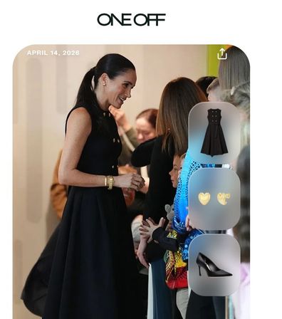 An outfit for Meghan, Duchess of Sussex in the OneOff app.