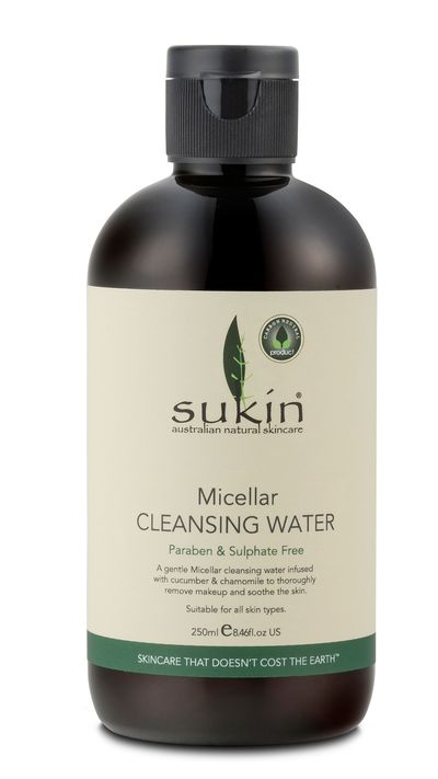 <a href="http://www.chemistwarehouse.com.au/buy/75564/Sukin-Micellar-Cleansing-Water-250ml" target="_blank">Micellar Cleansing Water, $9.99, Sukin</a>