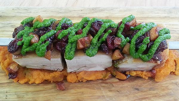 Pork shish kebab with apple and cranberry sauce, sweet potato and spinach cream