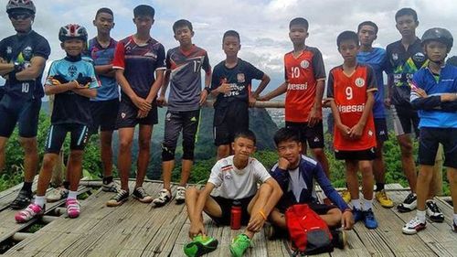 The 12 Thai boys and their coach before they went into the cave. Picture: Supplied.