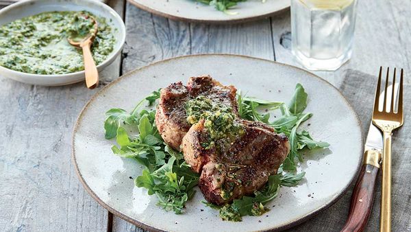 Weber's Lamb loin chops with lemon-mint salsa verde