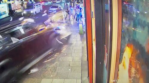 Five pedestrians have ﻿been rushed to hospital after they were allegedly hit by a car in Sydney's Inner West overnight.Shocking footage shows the moment a P-plated Ford Ranger crashed into a parked Toyota Camry before mounting the footpath and hitting five pedestrians and another parked car on Burwood Road at Burwood about 12.25am.