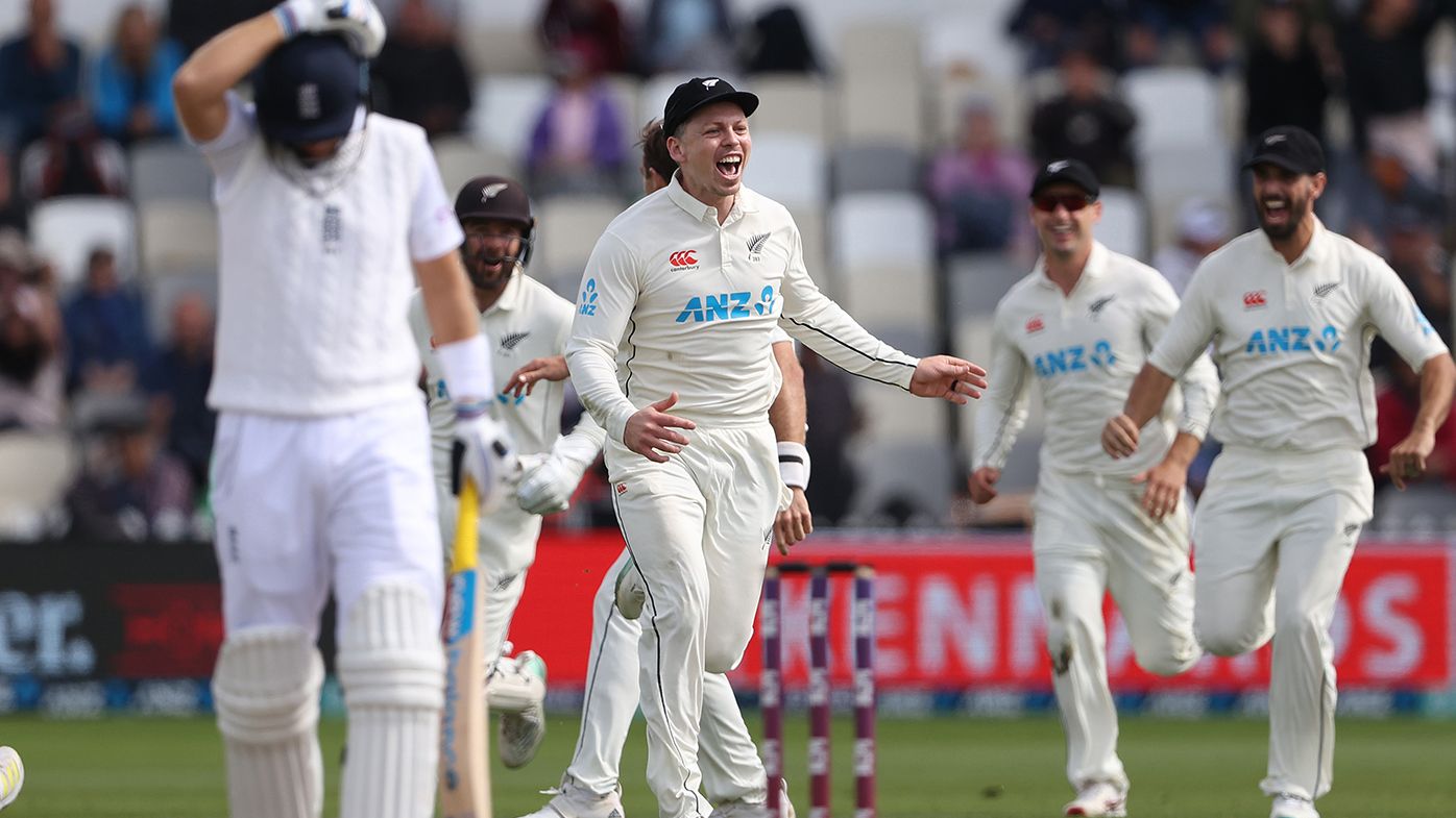 Joe Root reacts in despair as New Zealand celebrates the run out of Harry Brook.