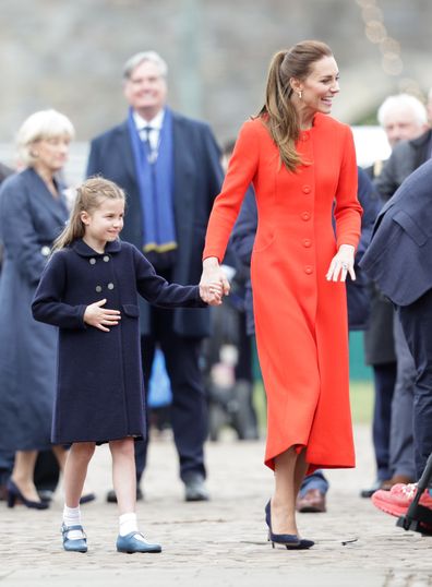 CARDIFF, WALES - JUNE 04: Princess Charlotte of Cambridge and Catherine, Duchess of Cambridge smile during a visit to Cardiff Castle, where they will meet performers and crew involved in the special celebration concert taking place in the castle grounds on June 04, 2022 in Cardiff, Wales.  
