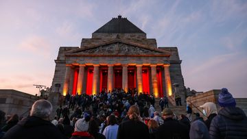 MELBOURNE, AUSTRALIA - APRIL 25: A general view of attendees at The Shrine of Remembrance on April 25, 2022 in Melbourne, Australia. 
