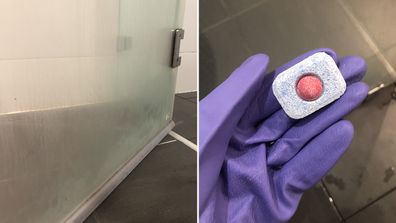 Woman tests viral cleaning hack using a dishwasher tablet on soap scum