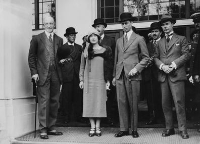 The Duke (centre, right) and Duchess of York (later king George VI and the Queen Mother) on the steps of the Australia building at the British Empire Exhibition, Wembley, London, 29th May 1925.