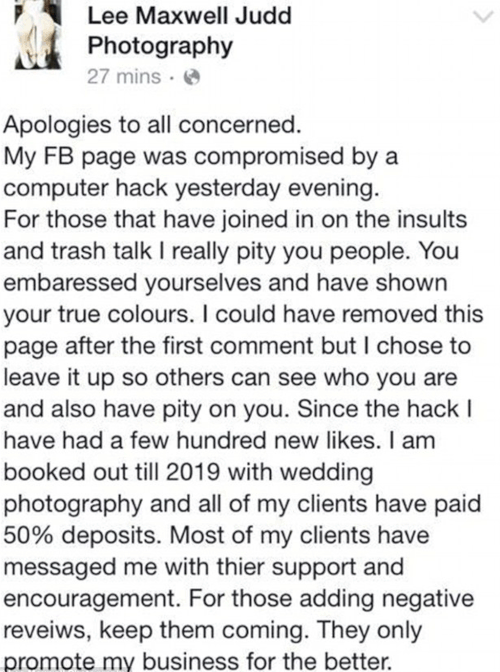Apology Facebook post from Lee Maxwell Judd. (Facebook)