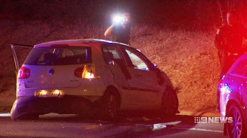 A 17-year-old was left behind by his friends when they crashed this stolen vehicle into a curb south of Adelaide overnight. Picture: 9NEWS.