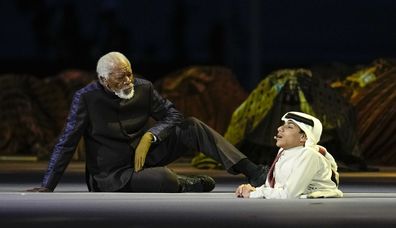 US actor Morgan Freeman and Qatari YouTuber Ghanim al Muftah during the opening ceremony of the FIFA World Cup, 2022.