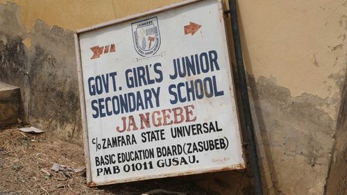 The sign post of Government Girls Junior Secondary School in Jangebe, Nigeria.