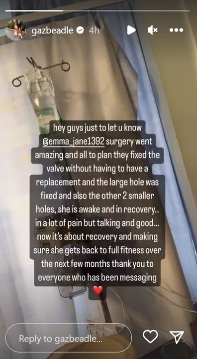 Former Geordie Shore star Gaz Beadle's wife Emma McVey underwent major surgery to fix three holes in heart.