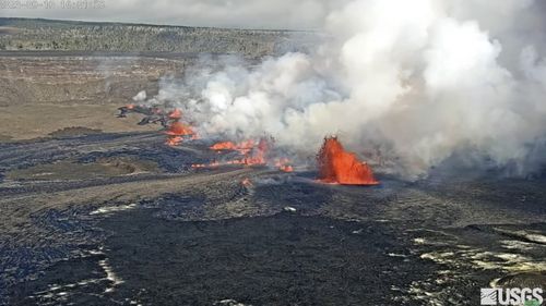 In this screen grab from webcam video provided by the US Geological Survey, Kilauea, one of the most active volcanoes in the world, erupts in Hawaii, Sunday, September 10, 2023.