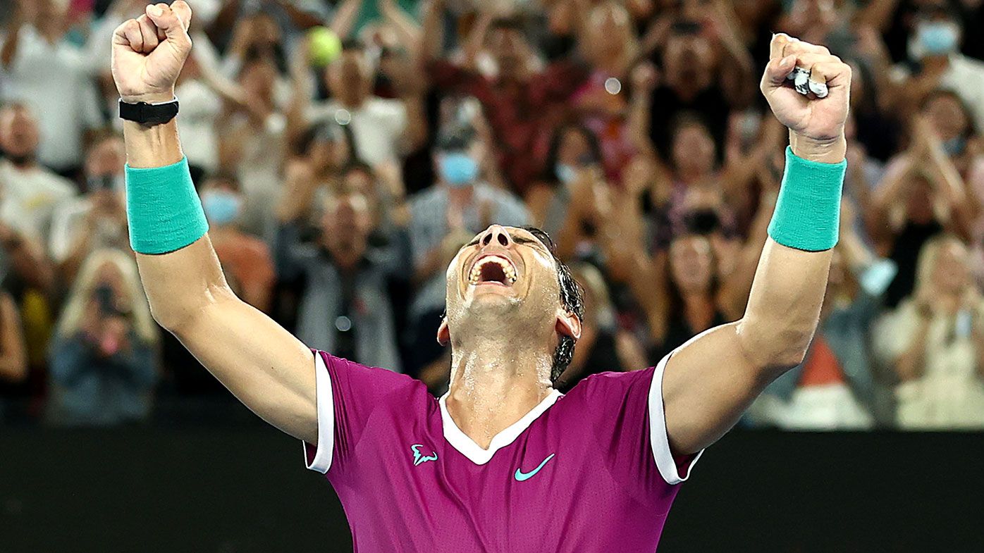 Rafael Nadal of Spain celebrates match point in his Men&#x27;s Singles Final match against Daniil Medvedev of Russia 