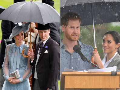 Prince William and Kate Middleton shelter under an umbrella at Royal Ascot