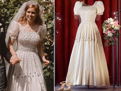 Princess Beatrice on her wedding day and her dress on display at Windsor Castle
