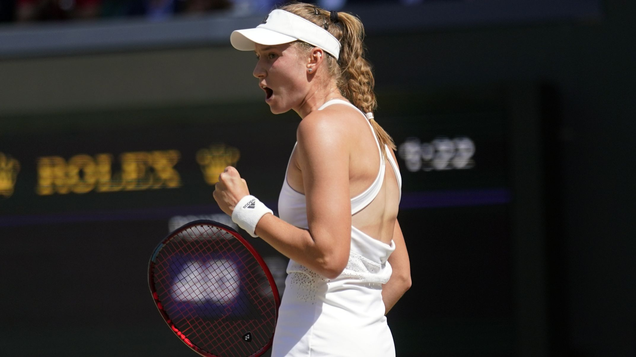 Kazakhstan&#x27;s Elena Rybakina celebrates a point against Tunisia&#x27;s Ons Jabeur in the final of the women&#x27;s singles on day thirteen of the Wimbledon tennis championships in London, Saturday, July 9, 2022.  