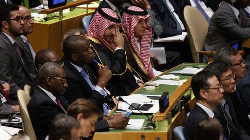 Delegates from various countries listen to Donald Trump's speech at the UN.