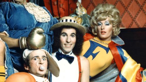 Australian comedians (from left) Grahame Bond, Gary McDonald, Sandy Macgregor and Rory O'Donoghue as Aunty Jack, Kid Eager, Thin Arthur and Flange Desire in a scene of "The Aunty Jack Show". (AAP)