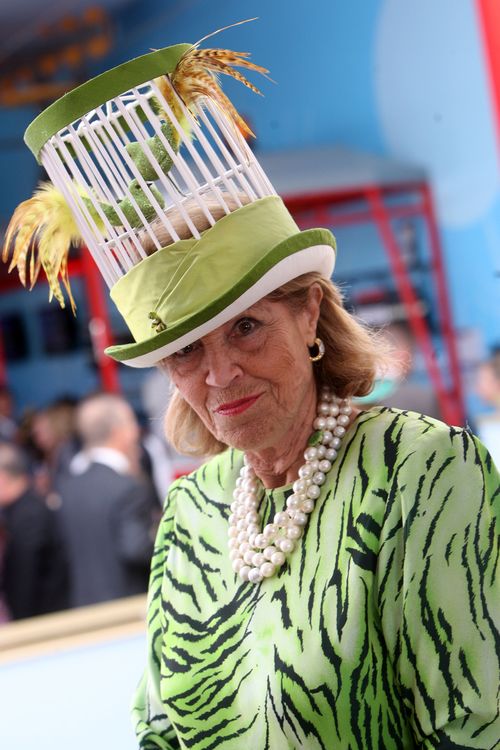 Lilian Frank in a Kerry Stanley hat in the Emirates marquee.