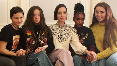 Director Zoe Lister-Jones (centre) with The Craft: Legacy stars (from left to right) Cailee Spaeny, Gideon Adlon, Lovie Simone and Zoey Luna.