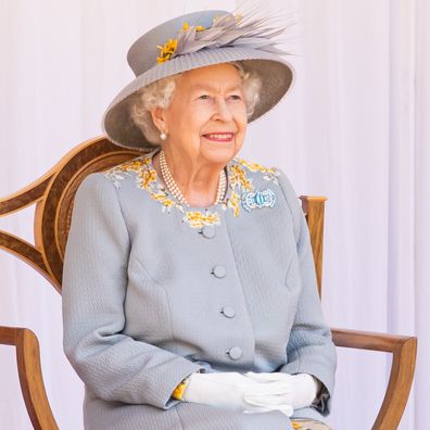 WINDSOR, ENGLAND - JUNE 12: Queen Elizabeth II attends the Trooping of the Colour military ceremony in the Quadrangle of Windsor Castle to mark her Official Birthday on June 12, 2021 at Windsor Castle on June 12, 2021 in Windsor, England. (Photo by Pool/Samir Hussein/WireImage)