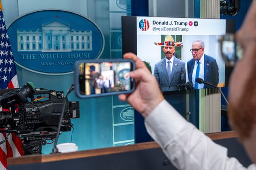 A video posted on Donald Trump's Truth Social account depicting Senate Minority Leader Chuck Schumer, of N.Y., and House Minority Leader Hakeem Jeffries, of N.Y., is shown in the James Brady Press Briefing Room at the White House, Wednesday, Oct. 1, 2025, in Washington. The sombrero and mustache were superimposed on Jeffries. (AP Photo/Alex Brandon)