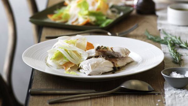 Poached chicken with rosemary and anchovy sauce