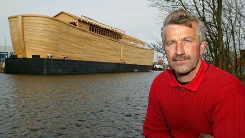 Johan Huibers, builder of the Ark, sits near his 70-metre-long  replica constructed of steel and American cedar in 2005.