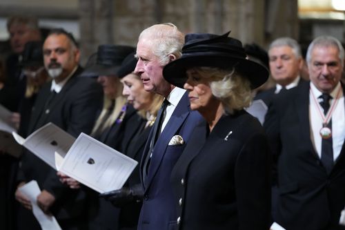 Britain's King Charles III and Camilla, the Queen Consort arrive for a Service of Prayer and Reflection.