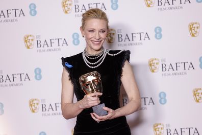 Cate Blanchett, winner of the leading actress award for 'Tar', poses for photographers at the 76th British Academy Film Awards, BAFTA's, in London, Sunday, Feb. 19, 2023.