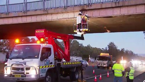 The truck smashed into the overpass about 5am. Picture: 9NEWS