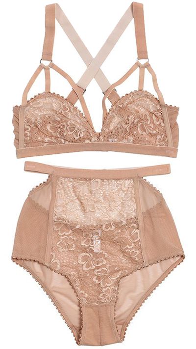 <a href="http://lonelylabel.com/collections/lonely/products/sabelcutoutbranude" target="_blank">Sabel Cut Out Bra, $99</a>, and <a href="http://lonelylabel.com/collections/lonely/products/sabelhighwaistedbriefnude" target="_blank">Sabel High Waisted Brief, $70</a>, Lonely<br>