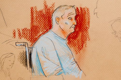 Sketch done during Bowers first court appearance. Sitting in a wheelchair from his injuries during the massacre.