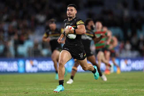 SYDNEY, AUSTRALIA - MAY 02:  Taylan May of the Panthers makes a break to score a try during the round nine NRL match between South Sydney Rabbitohs and Penrith Panthers at Accor Stadium on May 02, 2024, in Sydney, Australia. (Photo by Cameron Spencer/Getty Images)