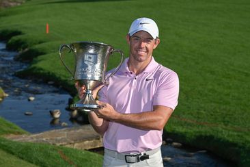 Rory McIlroy wins the trophy at the Wells Fargo Championship.