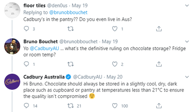 Cadbury reveals chocolate should be stored in the cupboard not the fridge in Twitter post