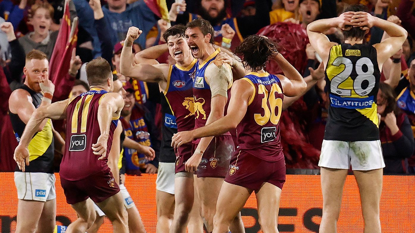 Brisbane&#x27;s Joe Daniher celebrates after his game-winning goal against Richmond