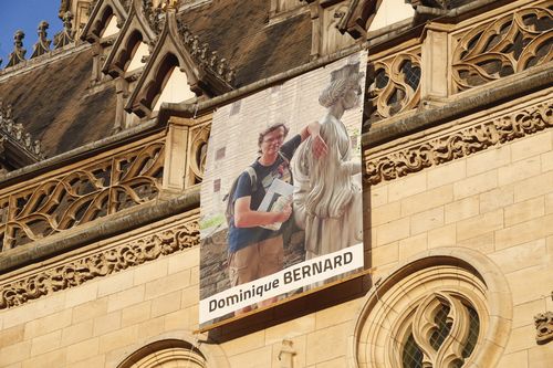 The portrait of late French teacher Dominique Bernard, 57, who was stabbed to death at the school by a suspected Islamist extremist, is on display, in Arras, northern France, Thursday, Oct. 19, 2023.