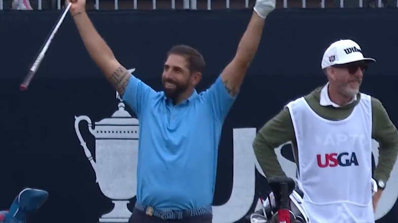 French player Matthieu Pavon celebrates his US Open ace.