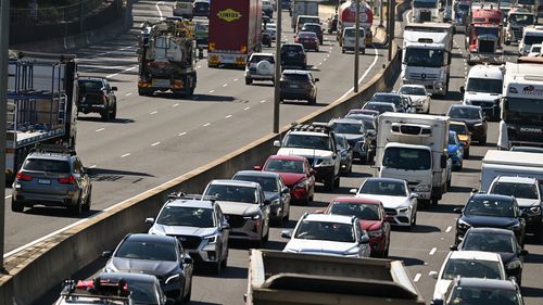 Cars and trucks, inbound traffic on the Monash freeway M1. 7th March 2025, 