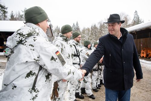 President of Bavaria Markus Soeder, meets members of the Bundeswehr forces to thank them for their commitment during the snow chaos.