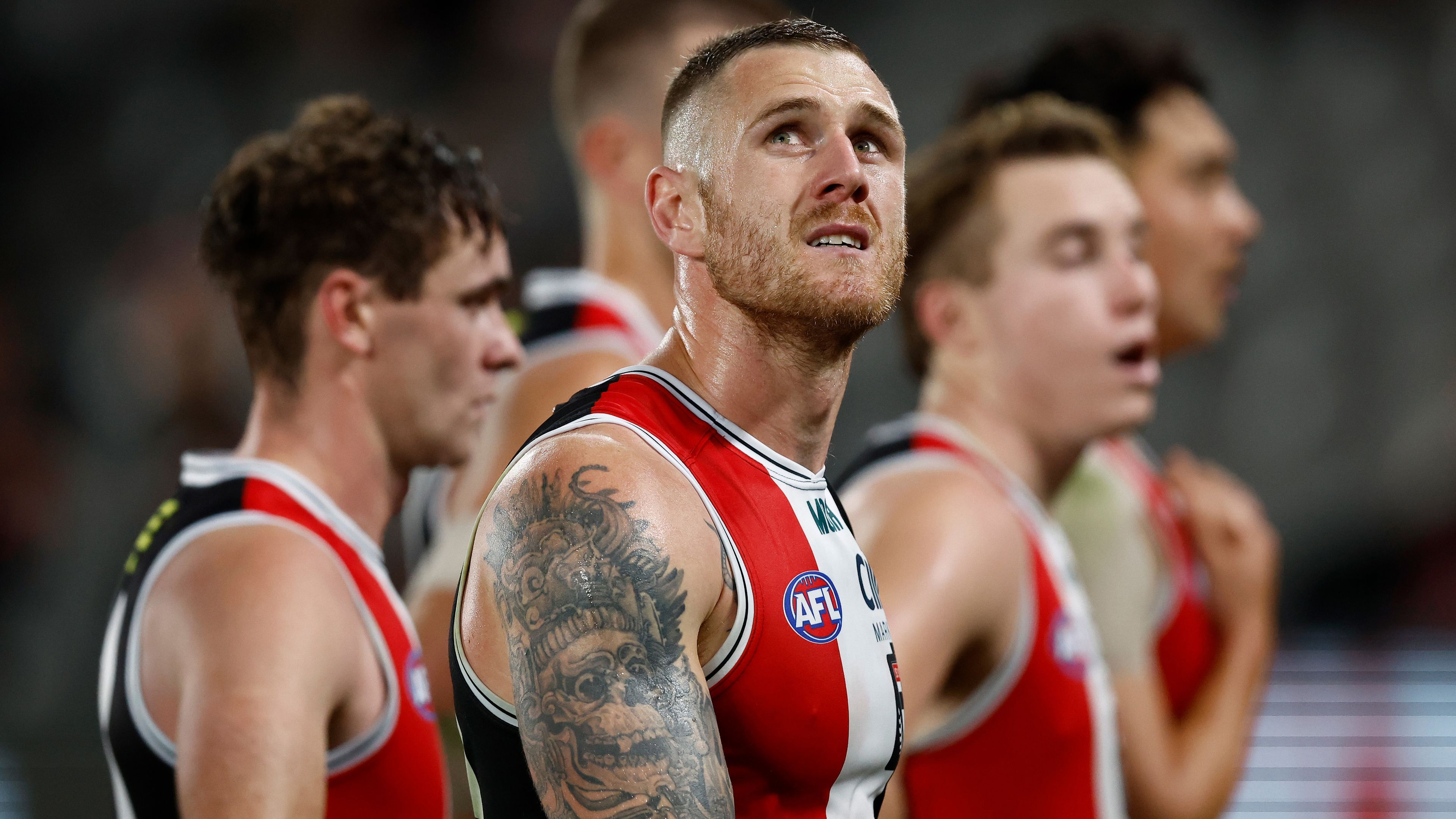 MELBOURNE, AUSTRALIA - APRIL 28: Tim Membrey of the Saints looks dejected after a loss during the 2023 AFL Round 07 match between the St Kilda Saints and the Port Adelaide Power at Marvel Stadium on April 28, 2023 in Melbourne, Australia. (Photo by Michael Wilson/AFL Photos)