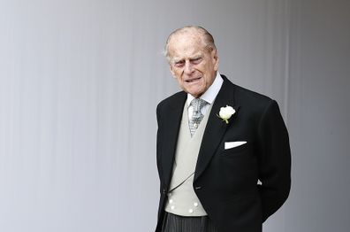 Prince Philip waits for the bridal procession following the wedding of Princess Eugenie in 2019.