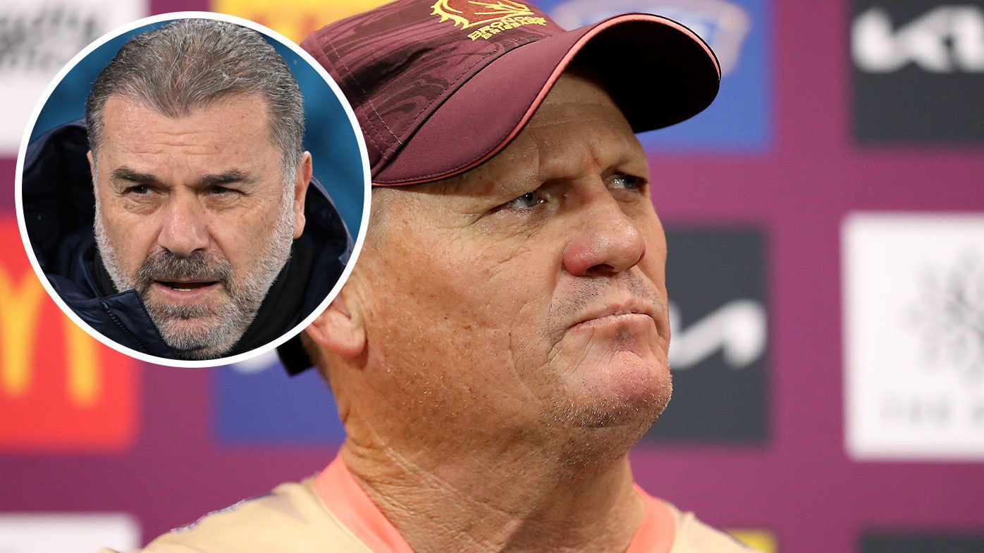 Brisbane Broncos coach Kevin Walters pictured during the 2023 NRL season. INSET: Spurs manager Ange Postecoglou