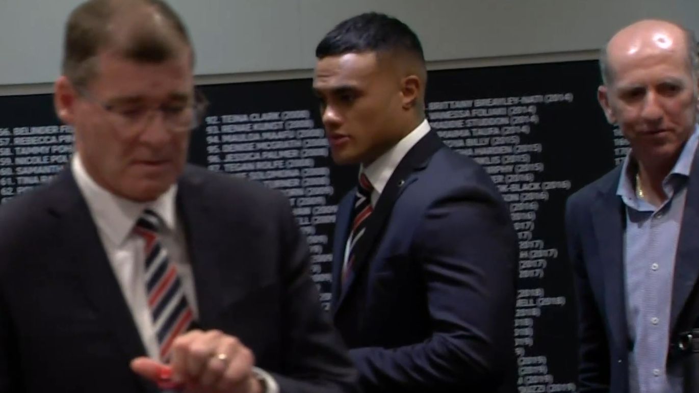 Spencer Leniu arrives at the NRL judiciary.