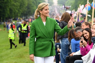 Sophie, Countess of Wessex greets members of the public as she attends the Big Jubilee Lunch on The Long Walk in Windsor on June 5, 2022