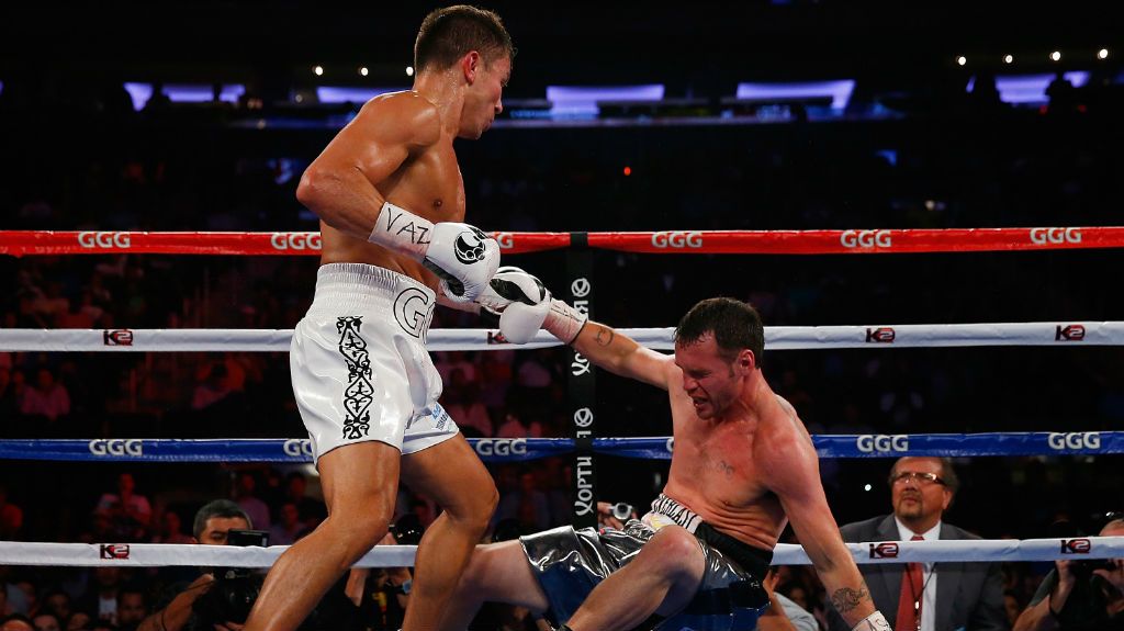 Gennady Golovkin knocks out Daniel Geale in the third round to win the WBA/IBO middleweight championship at Madison Square Garden. (Mike Stobe/Getty Images)