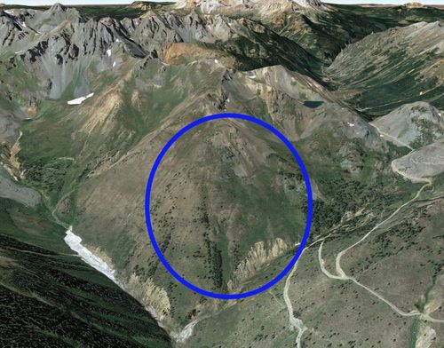 A Google Earth image of the avalanche accident area. The blue oval marks the approximate location of the avalanche. 